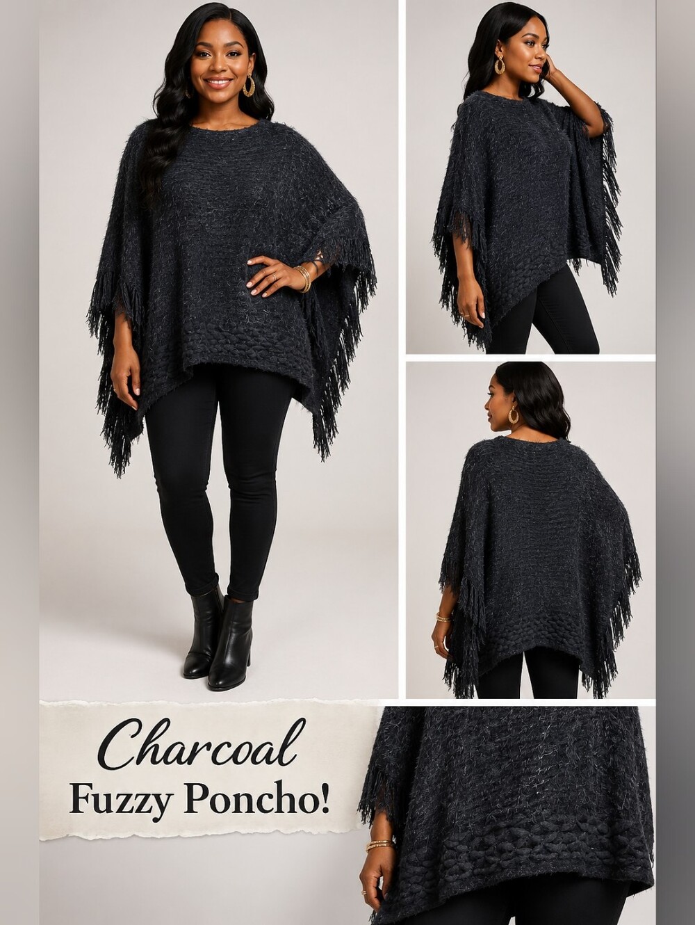 Black Textured Knit Poncho with Fringe Sides | Cozy Boho Fall & Winter Layer